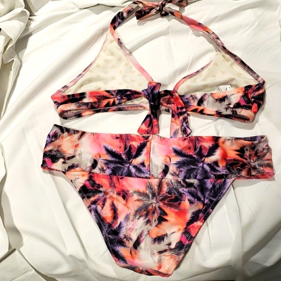 St. Even Sunset Palm Print Halter Bikini Top Size 34 w/Ruched Front Bottom SZ M - Picture 2 of 12